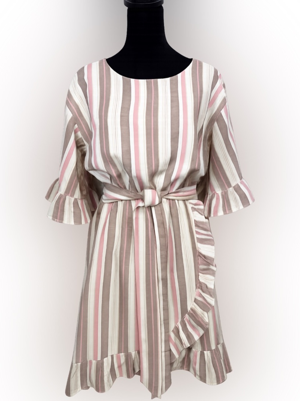 Mystree Linen Blend Striped Ruffle Faux Wrap Dress Medium Boho Cottagecore